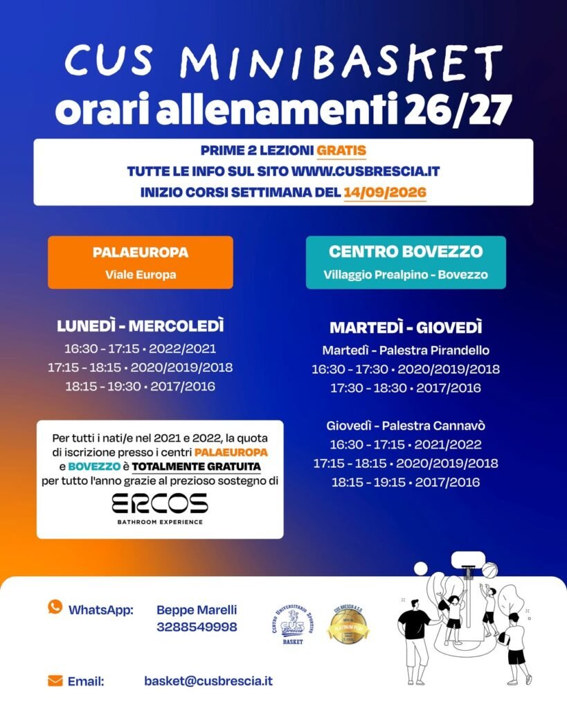 Orari allenamenti Minibasket CUS Brescia centri Palaeuropa e Bovezzo 2026/27