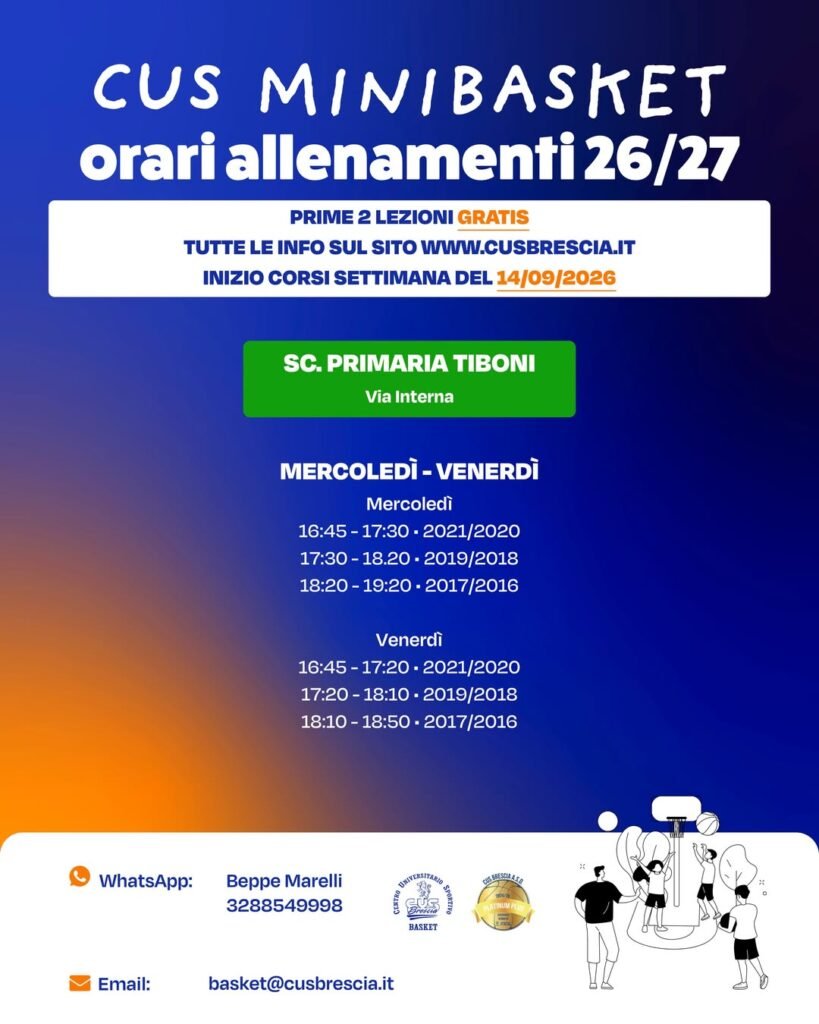 Orari allenamenti Minibasket CUS Brescia centro Sc. Primaria Tiboni 2026/27